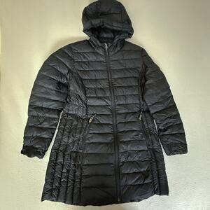 Women's Black Hooded Down Feather Puffer Coat Long Quilted Zip Jacket